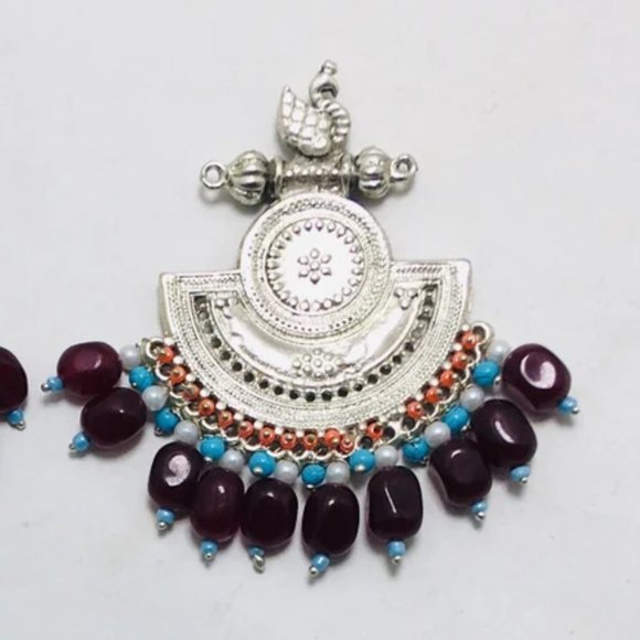 Silver Kuchi Earrings With Multicolor Beads and Stones,Tribal Boho - Picture 3 of 8